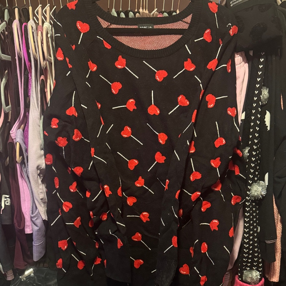 Black Women's Sweater with Red Heart Lollipop Print